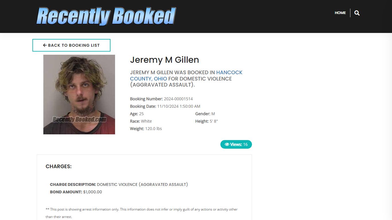 Recent Booking / Mugshot for Jeremy M Gillen in Hancock County, Ohio